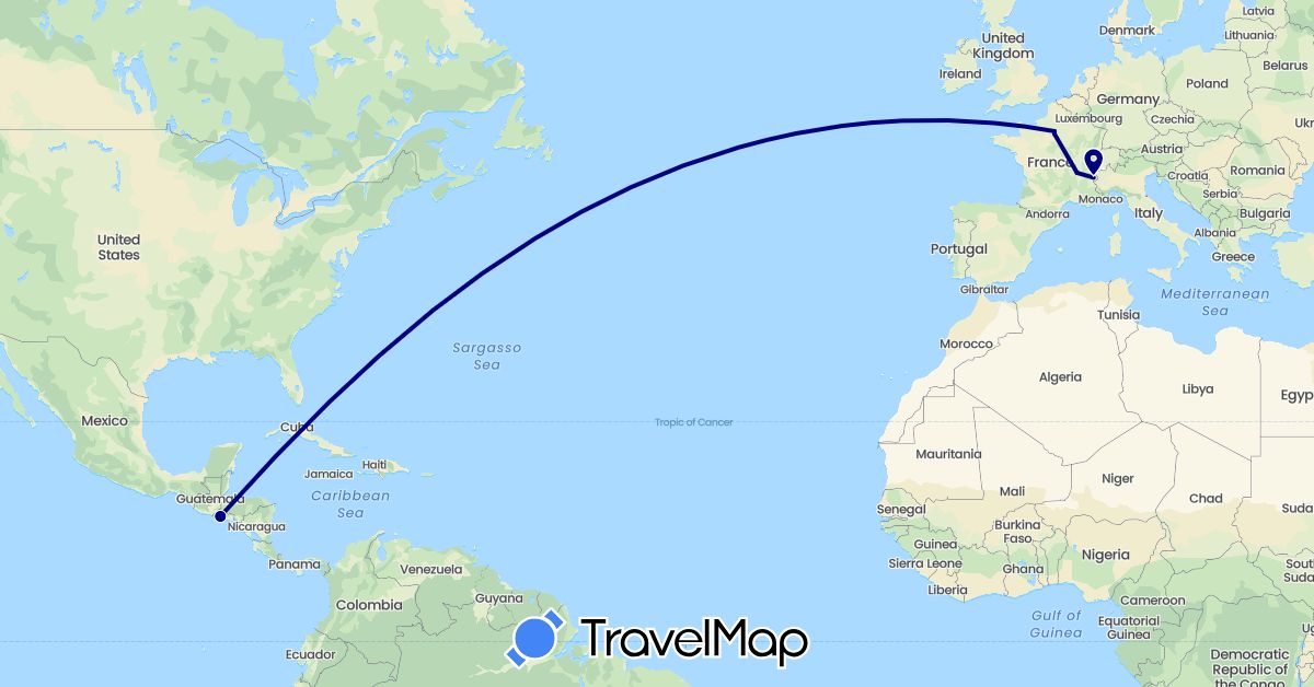 TravelMap itinerary: driving in France, El Salvador (Europe, North America)